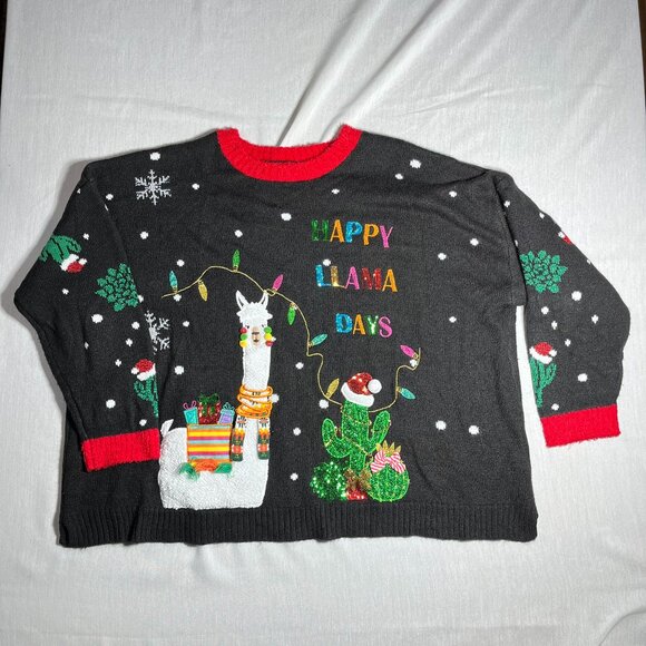 Happy Llama Days Ugly Christmas Sweater Women 3XL 3D Accents Sequin Metallic FUN - Picture 1 of 16